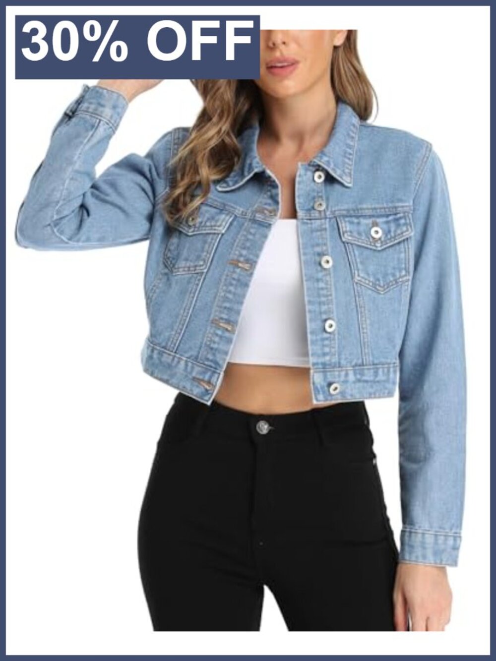 Cropped Denim Jacket Button Up Chest Flap Pockets Cowboy Cut